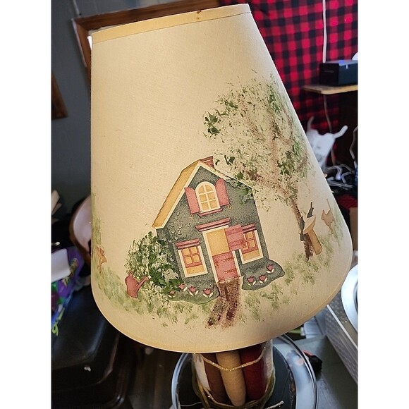 Handmade Folk Art Lamp Rustic Wood Base Textile Spools Painted Cottage Shade - Picture 8 of 13